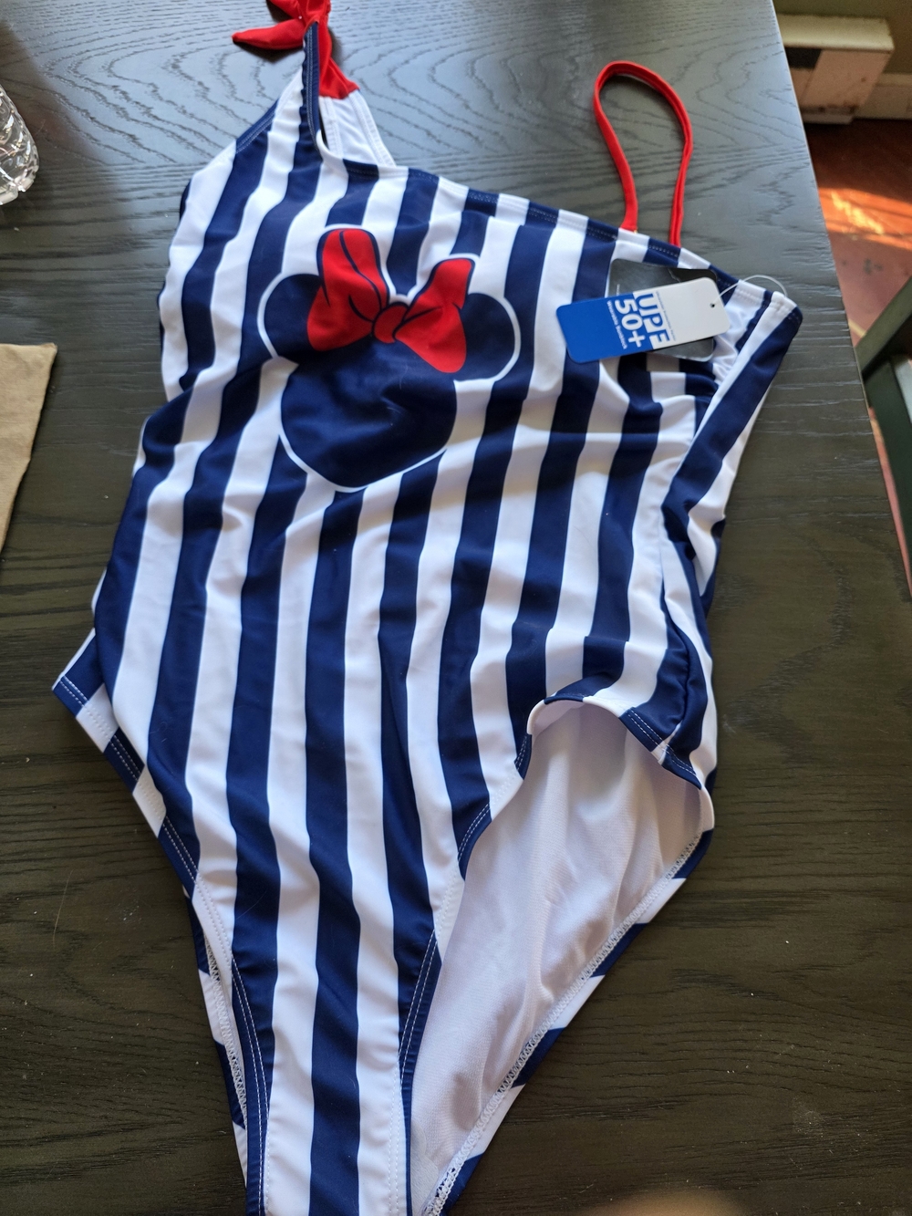 Disney Women Navy & White Striped Minnie Bow One-Piece Swimsuit
